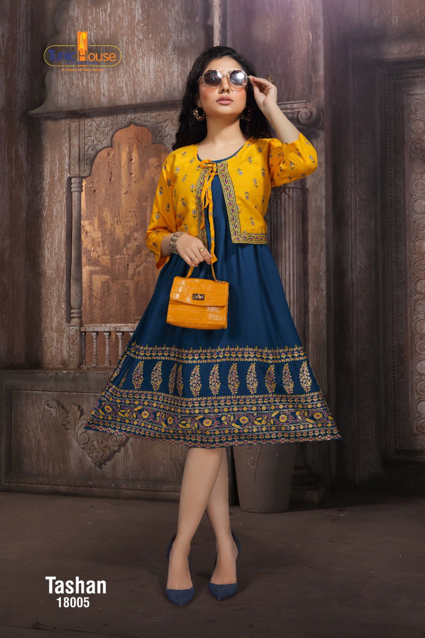 Tunic House Tashan Regular Wear Rayon Printed Anarkali Kurti With Jacket Collection